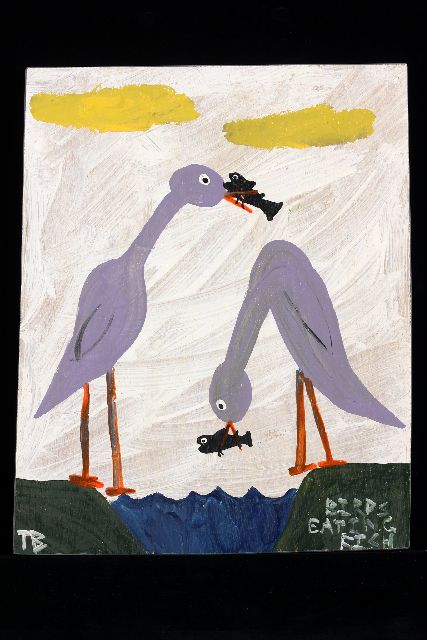 Tim Brown | Birds eating fish, acryl op paneel, 45,2 x 35,6 cm, gesigneerd l.o. met initialen en ca 1995