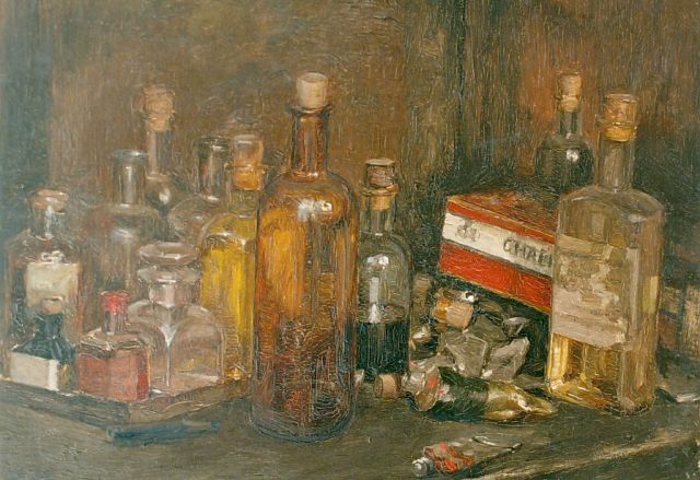 Thies Luijt | Stilleven met schildersbenodigdheden, olieverf op paneel, 27,0 x 36,1 cm, gesigneerd l.o.