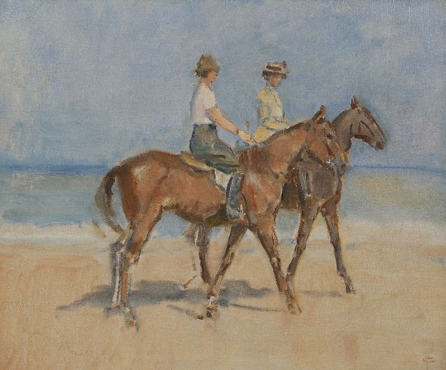 Isaac Israels | Amazones op het strand van Scheveningen, olieverf op doek, 65,5 x 78,6 cm, gesigneerd r.o. met atelierstempel 'Atelier Isaac Israels' en te dateren ca. 1910