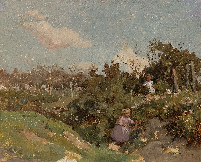 Akkeringa J.E.H.  | Bloemen plukken in de duinen, olieverf op paneel 32,3 x 40,0 cm, gesigneerd r.o.