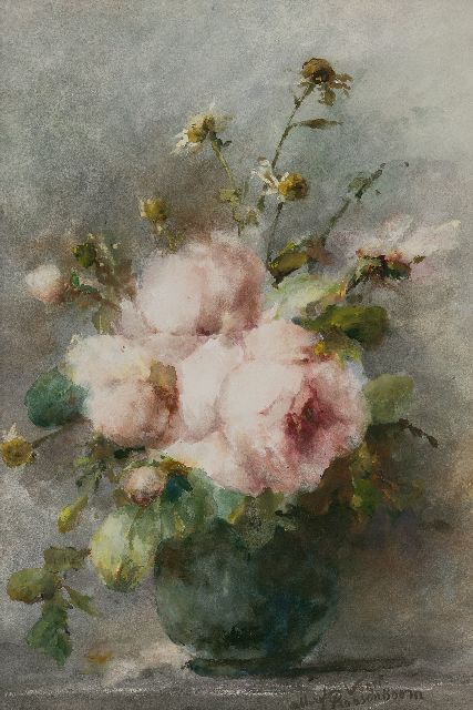 Margaretha Roosenboom | Stilleven met roze rozen, aquarel op papier, 52,5 x 35,5 cm, gesigneerd r.o.
