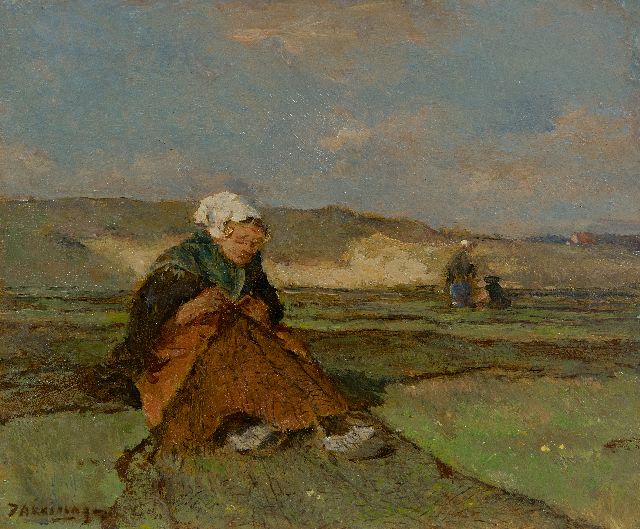 Johannes Evert Akkeringa | Nettenboetsters in de duinen, olieverf op paneel, 14,5 x 17,1 cm, gesigneerd l.o.