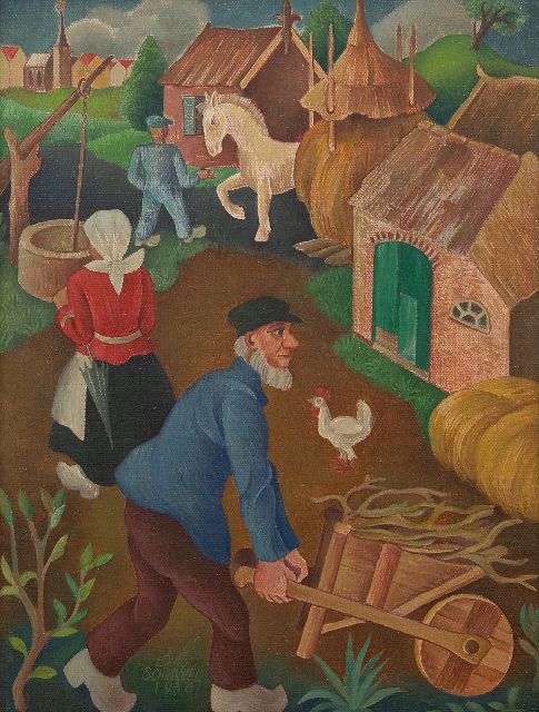 Louis Schrikkel | Bedrijvigheid op de boerderij, olieverf op doek op paneel, 35,5 x 27,1 cm, gesigneerd l.o. en gedateerd 1936