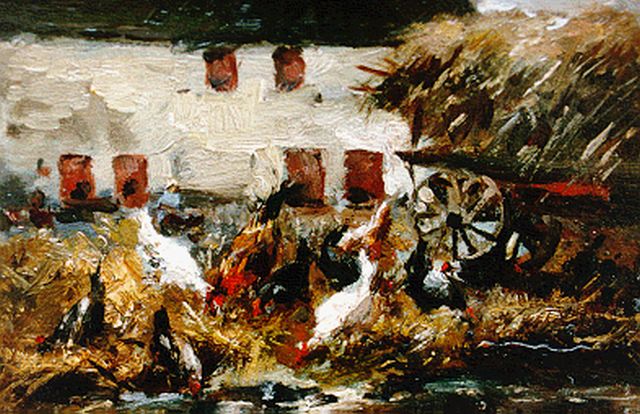 Hubert Bellis | Kippen op boerenerf, olieverf op paneel, 12,2 x 17,3 cm, gesigneerd r.o.