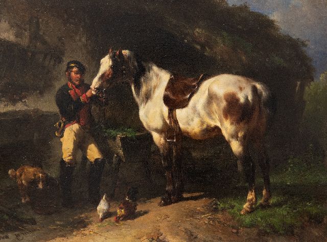 Wouterus Verschuur | Postiljon met zijn paard, olieverf op paneel, 19,5 x 26,1 cm, gesigneerd l.o.