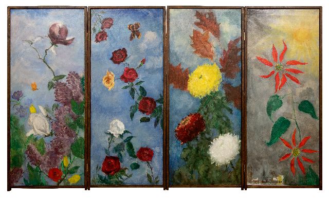 Piet van Wijngaerdt | 4-delig kamerscherm: de vier seizoenen, olieverf op doek, 145,0 x 61,2 cm, gesigneerd l.o., r.o. en m.o. en totale afmeting: 145 x 245 cm