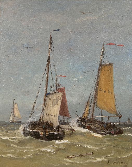 Hendrik Willem Mesdag | Het vertrek van de vissersvloot, Scheveningen, olieverf op doek, 50,5 x 40,5 cm, gesigneerd r.o.