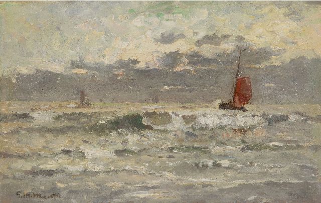 Morgenstjerne Munthe | Binnenvarende vissersschepen, Katwijk, olieverf op doek op paneel, 22,9 x 35,8 cm, gesigneerd l.o.