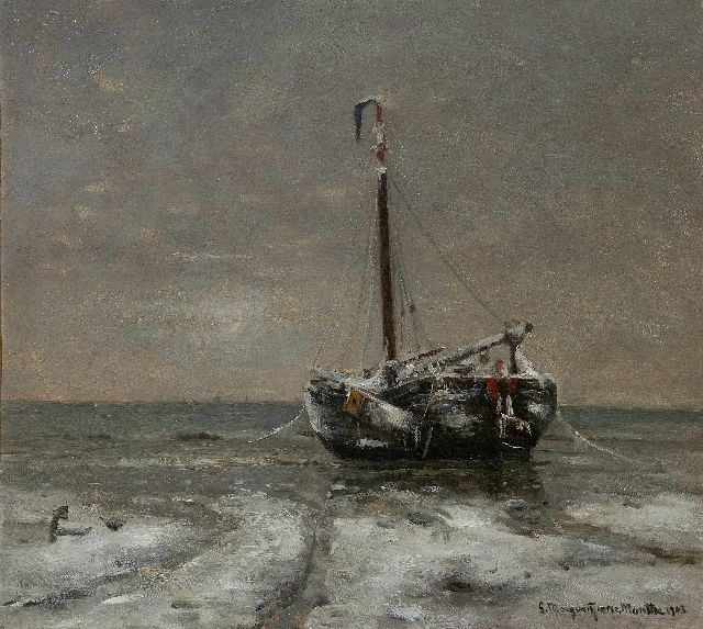 Morgenstjerne Munthe | Besneeuwd strand met bomschuit, olieverf op doek, 54,8 x 60,2 cm, gesigneerd r.o. en gedateerd 1903