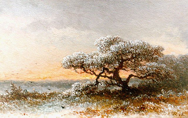 Hilverdink J.  | Avondstemming, olieverf op paneel 12,5 x 19,6 cm, gesigneerd r.o. monogram en gedateerd '49