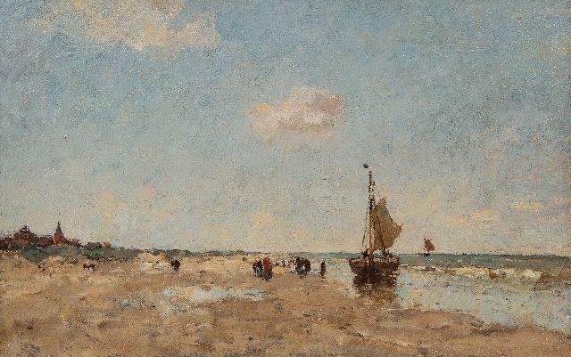 Louis Stutterheim | Een bom en vissersvrouwen op het strand van Scheveningen, olieverf op doek, 35,3 x 55,1 cm