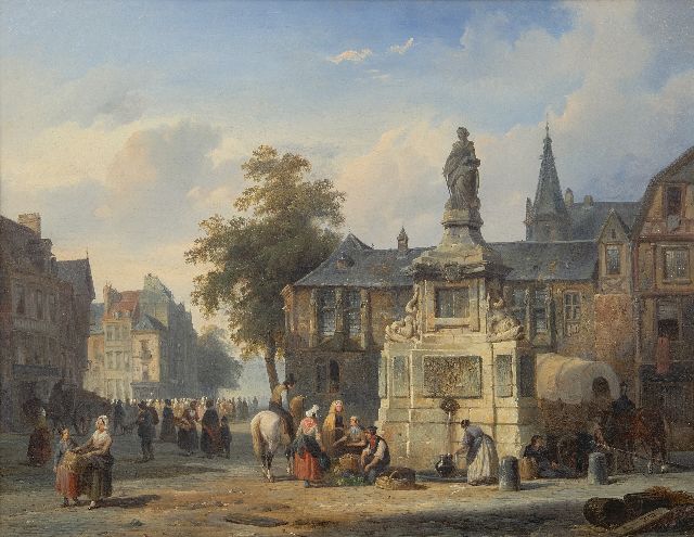 Cornelis Springer | Gezicht op de waterpomp met het standbeeld van Jeanne d'Arc op de Place de la Pucelle, Rouen, olieverf op doek, 41,6 x 53,6 cm, gesigneerd r.o. met monogram en gedateerd '45