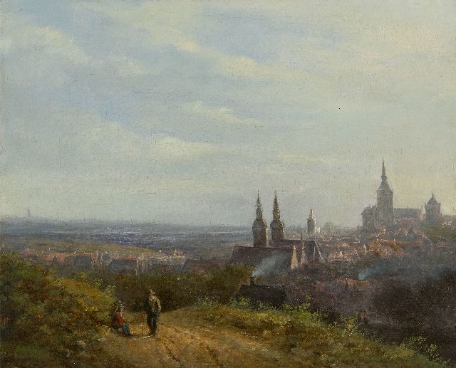 Biester A.  | Panoramisch gezicht op Kleef met in de verte de ateliertoren van B.C.Koekkoek met het beeld Pallas Athene, olieverf op doek 25,9 x 31,9 cm