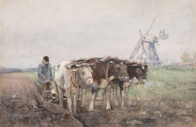 Anton Mauve | Ploegende boer met zijn ossen, aquarel en gouache op papier, 26,0 x 40,0 cm, gesigneerd l.o.