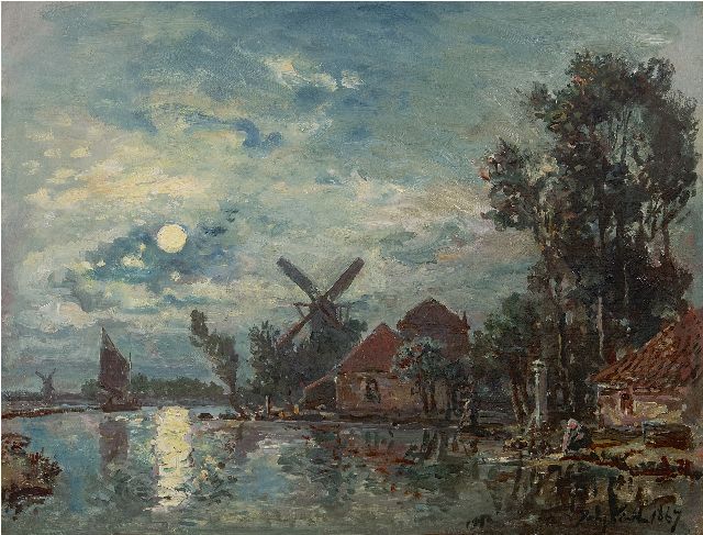 Johan Barthold Jongkind | Maanverlicht rivierlandschap, Holland, olieverf op doek, 33,6 x 43,3 cm, gesigneerd r.o. en gedateerd 1867