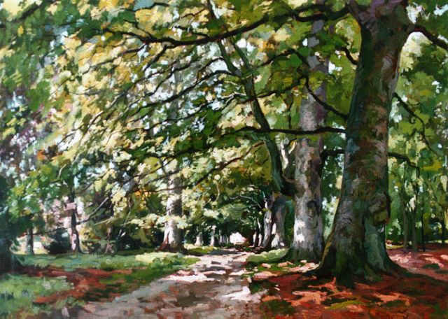 Jan van Vuuren | Zonnige boslaan, olieverf op doek, 75,0 x 100,2 cm, gesigneerd r.o.