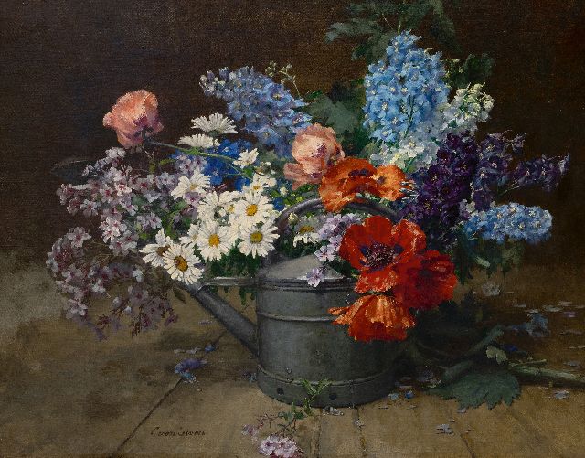 Clara von Sivers | Stilleven van bloemen in een gieter, olieverf op doek, 80,1 x 100,3 cm, gesigneerd l.v.h.m.