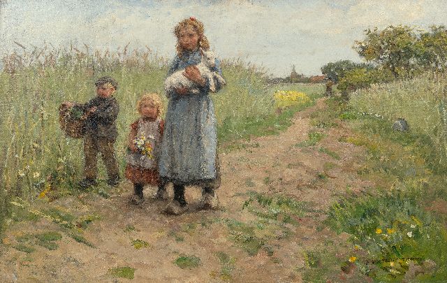 Jan Zoetelief Tromp | Wandelende kinderen met lammetje bij Blaricum, olieverf op doek, 63,5 x 99,3 cm, gesigneerd r.o.