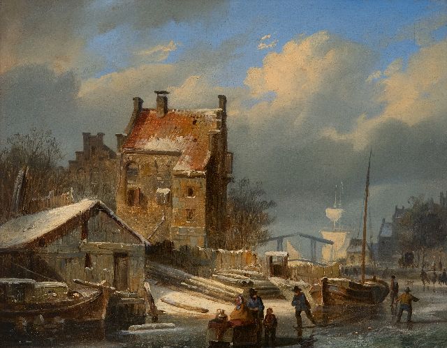 Cornelis Springer | Dorp in de winter met schaatsers en een ophaalbrug in de verte, olieverf op paneel, 19,0 x 24,0 cm, gesigneerd m.o. met monogram (op de slee) en gedateerd '44