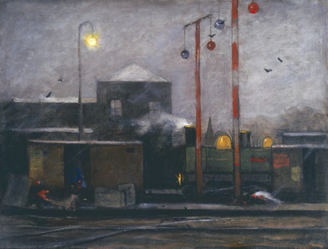 Eduard karsen | Spoorwegemplacement bij nacht, olieverf op doek, 34,5 x 45,5 cm, gesigneerd r.o.