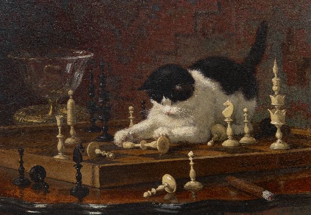 Henriette Ronner-Knip | Poes, spelend met schaakstukken in 'Selenus stijl' -  inclusief Selenus schaakset, olieverf op paneel, 32,6 x 45,2 cm, gesigneerd r.o.