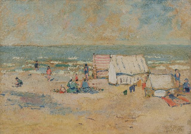 Houbolt E.  | Badgasten op het stille strand, Scheveningen, olieverf op paneel 22,4 x 31,6 cm, gesigneerd r.o. en gedateerd 1939