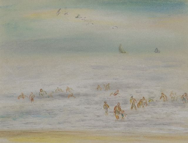 Leo Gestel | Baders in zee, Zandvoort, krijt op papier, 23,7 x 30,0 cm