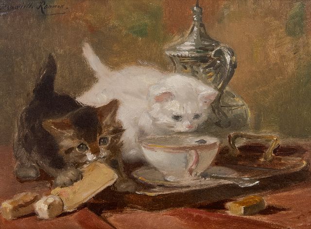 Henriette Ronner-Knip | Kittens spelend op een theetafel, olieverf op papier op paneel, 23,8 x 32,1 cm, gesigneerd l.b.
