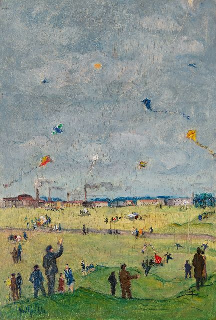 Paul Paeschke | Vliegeren op het Tempelhofer Feld in Berlijn, olieverf op paneel, 45,0 x 30,8 cm, gesigneerd l.o. en te dateren ca. 1910