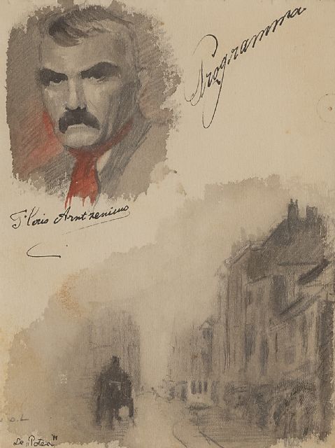 Floris Arntzenius | Blad met zelfportret en schets van de Lange Poten, Den Haag, potlood, inkt en aquarel op papier, 15,7 x 12,4 cm, gesigneerd l.m.