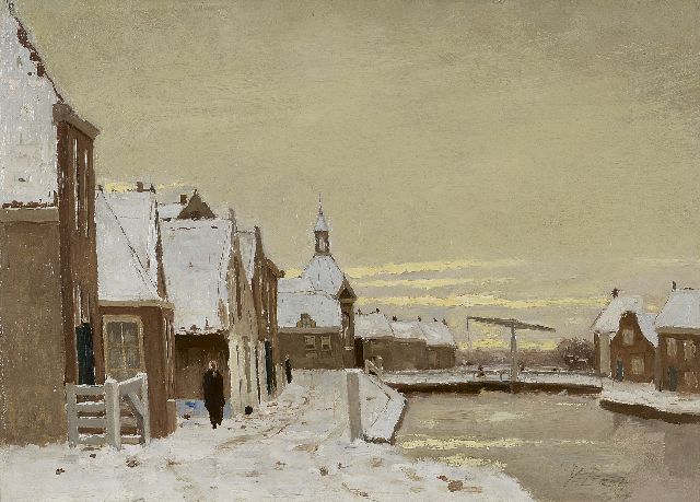 Victor Bauffe | Winters gezicht op Leidschendam met ophaalbrug, olieverf op doek, 25,3 x 35,7 cm, gesigneerd r.o.