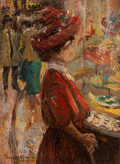 Frans Helfferich | Elegante dame voor Haagse hoedenwinkel, olieverf op paneel, 16,0 x 11,8 cm, gesigneerd l.o.