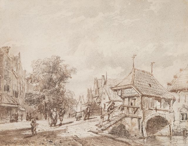 Springer C.  | Gezicht op de visafslag en brug in Oudewater, houtskool op papier 39,1 x 49,5 cm, gesigneerd l.o. en gedateerd 24 oct '55