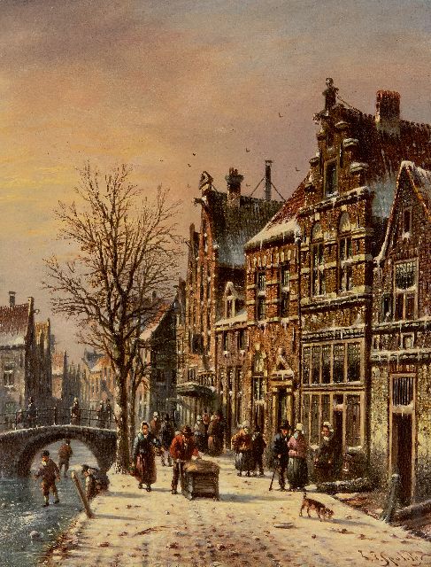 Johannes Franciscus Spohler | Winters stadsgezicht  (pendant van zomer), olieverf op paneel, 20,9 x 15,9 cm, gesigneerd r.o.