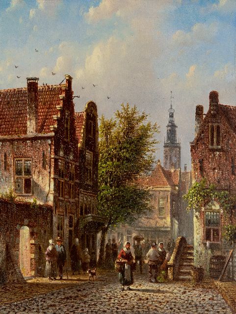 Johannes Franciscus Spohler | Zomers stadsgezicht met de toren van de Bakenesserkerk in Haarlem (pendant van winter), olieverf op paneel, 20,9 x 15,8 cm, gesigneerd l.o.
