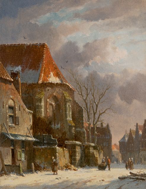 Adrianus Eversen | Figuren bij een kerkpoort in de winter (pendant van 25438), olieverf op paneel, 19,3 x 14,9 cm, gesigneerd r.o. met monogram
