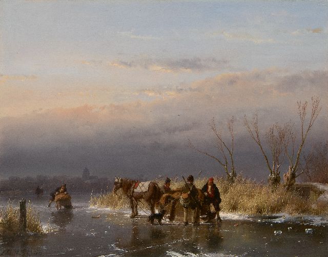 Andreas Schelfhout | IJsgezicht met jager en hond bij een paardenslee, olieverf op paneel, 34,5 x 43,9 cm, gesigneerd l.o. en gedateerd 1850