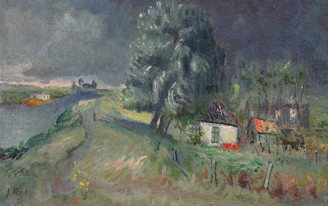 Jan Altink | Boerderij Blauwborgje aan het Reitdiep; verso: landschap met loods en schaftkeet, olieverf op doek, 40,2 x 63,0 cm, gesigneerd l.o. en gedateerd '36 en ca. 1928
