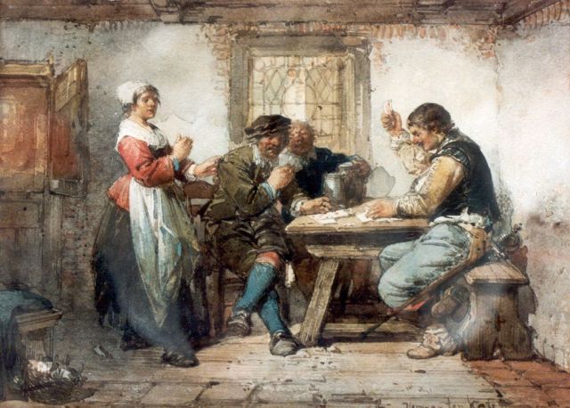Herman ten Kate | Kaartspelers in de herberg, aquarel op papier, 17,0 x 23,5 cm, gesigneerd r.o.