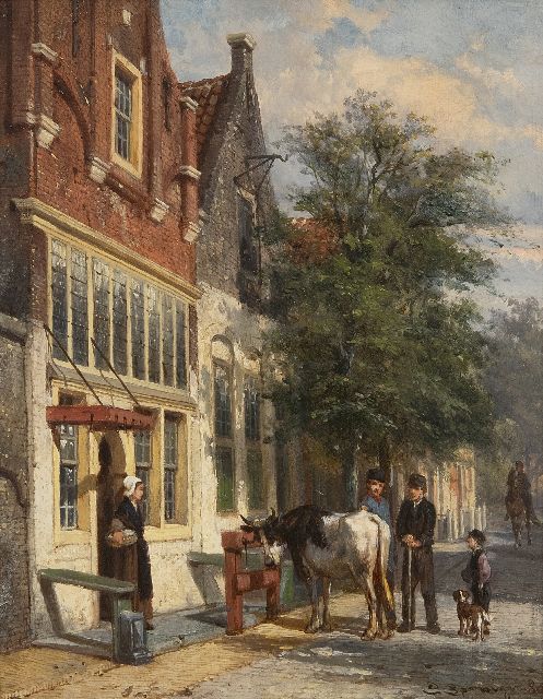 Cornelis Springer | Zonnig straatje met koehandel in Monnickendam, olieverf op paneel, 25,1 x 19,8 cm, gesigneerd r.o. en gedateerd '80