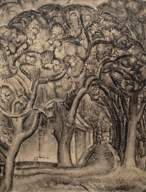 Leo Gestel | Boomgaard in de Beemster, inkt en krijt op papier, 95,4 x 72,6 cm, gesigneerd r.o. en gedateerd 1919