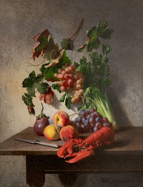 David de Noter | Stilleven met groente, fruit, kreeft en een mes, olieverf op paneel, 37,0 x 28,3 cm, gesigneerd r.o.