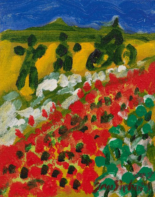 Jan Sierhuis | Spaans landschap - klaprozen, acryl op doek, 30,0 x 23,9 cm, gesigneerd r.o. en gedateerd op spieraam 2005