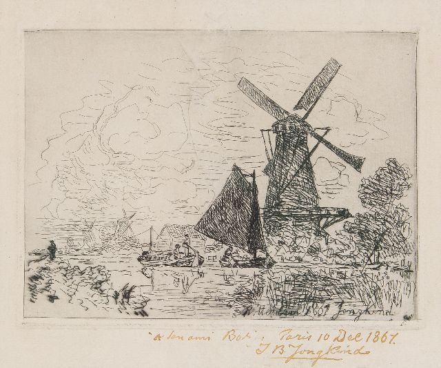 Johan Barthold Jongkind | Vaart bij Rotterdam met boten en een molen, ets op papier, 22,0 x 18,5 cm, gesigneerd r.o. in de plaat en met de hand op het blad en gedateerd 'Rotterdam' 1861 in de plaat