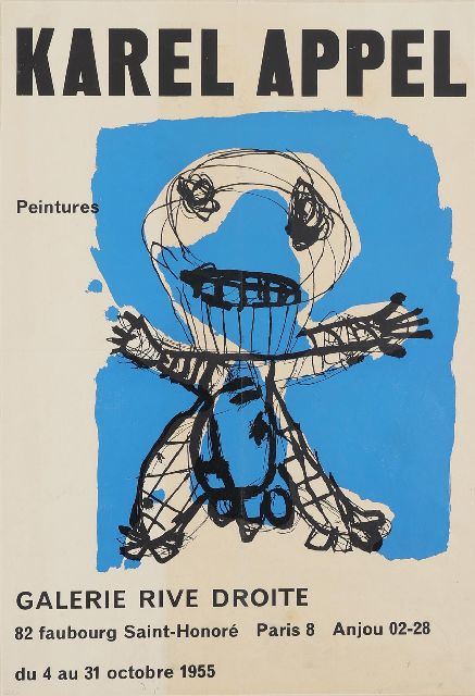 Karel Appel | Tentoonstellingsaffiche 'Karel Appel, Peintures' in Galerie Rive Droite, Parijs, 1955, litho, 55,6 x 37,5 cm, met verso gestempelde datum 14 oct. 1955