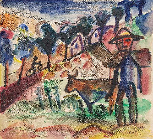 Velde G. van | Boer met koe in een landschap, krijt en aquarel op papier 28,6 x 31,2 cm, gesigneerd r.o. met initialen