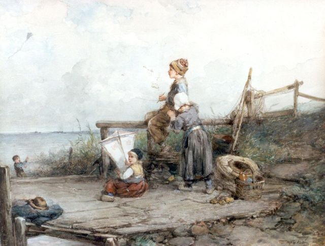 Mari ten Kate | Een dagje vliegeren op het strand, aquarel op papier, 43,0 x 58,0 cm, gesigneerd r.o.