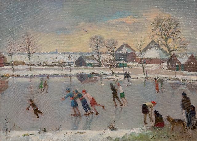 Léonie Bander-Lutomirski | Schaatsplezier voor boerderij Kout te Edam, olieverf op doek, 50,2 x 69,8 cm, gesigneerd r.o. en zonder lijst