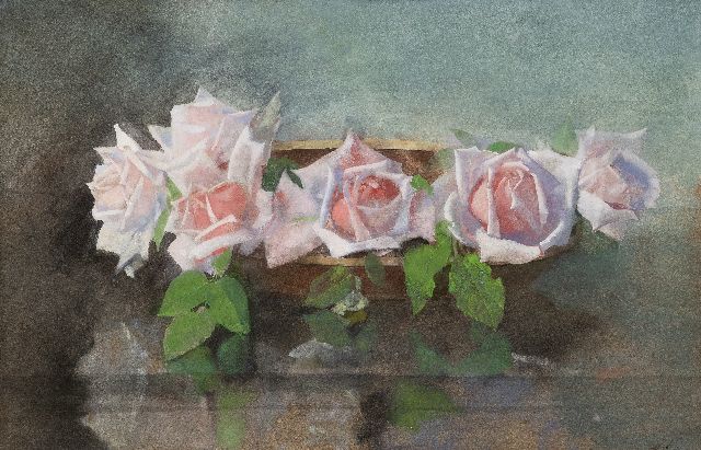 Jan Voerman sr. | Schaal met 'La France'-rozen, aquarel op papier, 33,2 x 50,0 cm, gesigneerd r.o. met initialen