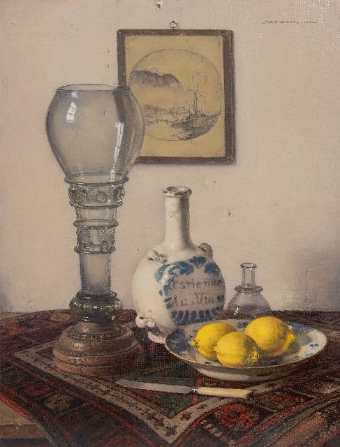 Jan Bogaerts | Stilleven met roemer, stenen kruik en bord met citroenen, olieverf op doek, 72,8 x 56,4 cm, gesigneerd r.b. en gedateerd 1953